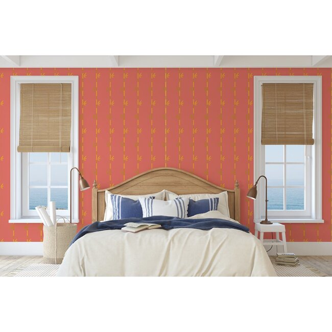 Coral & Gold Bamboo Traditional Wallpaper