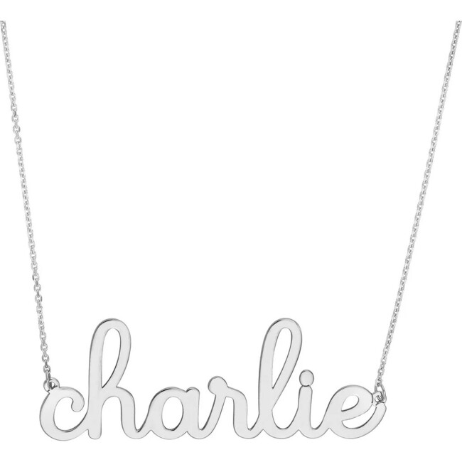 Doodle Script Nameplate Necklace, White Gold