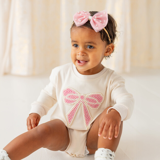 Pearl Bow Patch Long Sleeve Romper, Natural