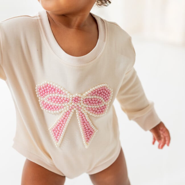 Pearl Bow Patch Long Sleeve Romper, Natural - Rompers - 3