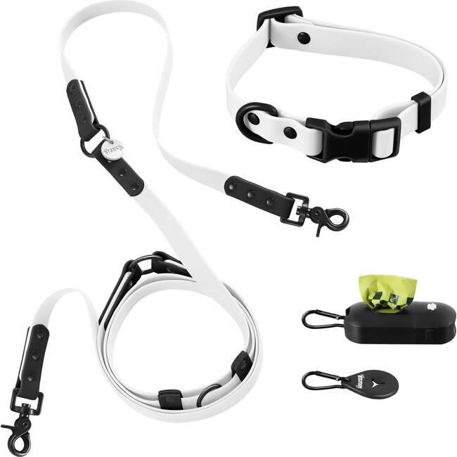 Luna 8FT Adjustable 6-in-1 Waterproof Hands Free Leash and Collar with LED Flashlight, Bag Dispenser, and Poop Bag Holder, White/Black