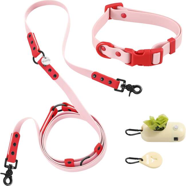 Luna 8FT Adjustable 6-in-1 Waterproof Hands Free Leash and Collar with LED Flashlight, Bag Dispenser, and Poop Bag Holder, Pink/Red