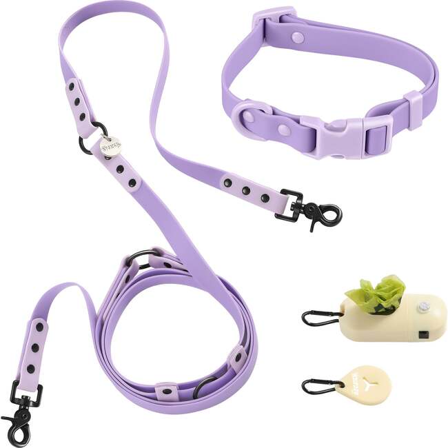 Luna 8FT Adjustable 6-in-1 Waterproof Hands Free Leash and Collar with LED Flashlight, Bag Dispenser, and Poop Bag Holder, Purple/Light Purple