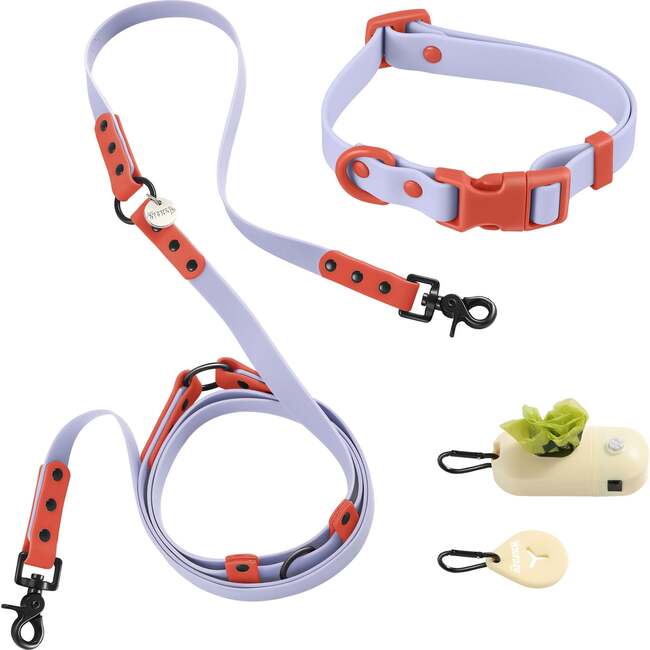 Luna 8FT Adjustable 6-in-1 Waterproof Hands Free Leash and Collar with LED Flashlight, Bag Dispenser, and Poop Bag Holder, Periwinkle/Red