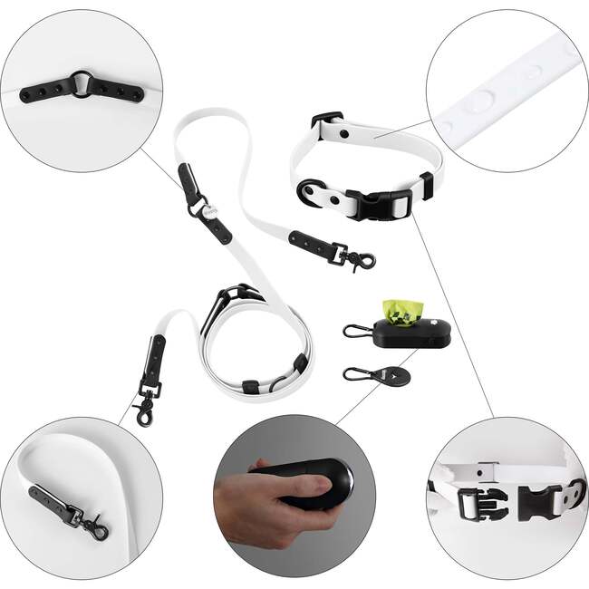 Luna 8FT Adjustable 6-in-1 Waterproof Hands Free Leash and Collar with LED Flashlight, Bag Dispenser, and Poop Bag Holder, White/Black - Collars, Leashes & Harnesses - 4