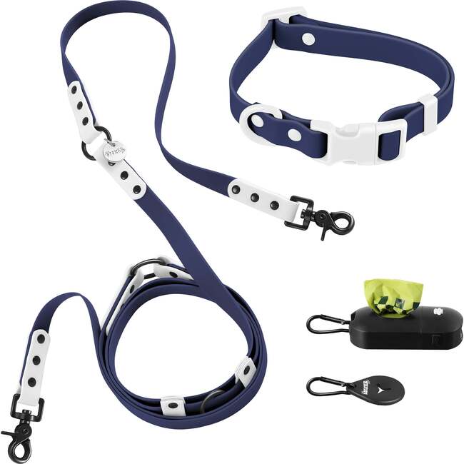 Luna 8FT Adjustable 6-in-1 Waterproof Hands Free Leash and Collar with LED Flashlight, Bag Dispenser, and Poop Bag Holder, Navy/White