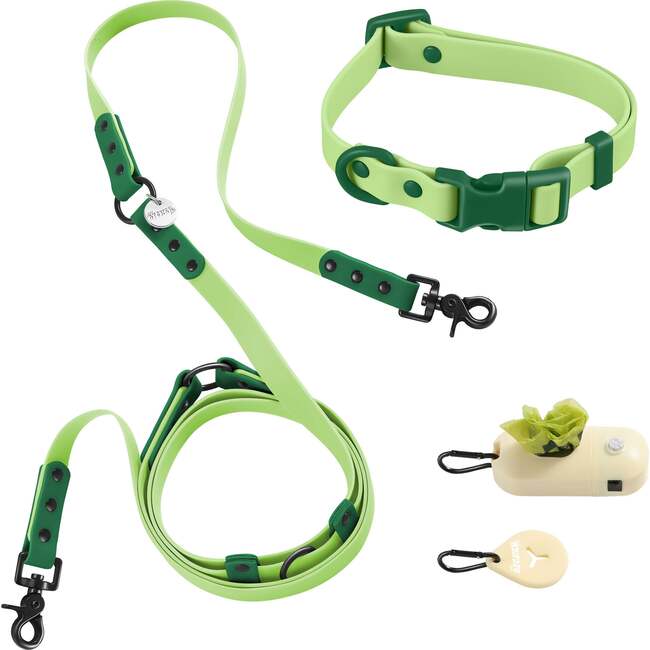 Luna 8FT Adjustable 6-in-1 Waterproof Hands Free Leash and Collar with LED Flashlight, Bag Dispenser, and Poop Bag Holder, Light Green/Dark Green