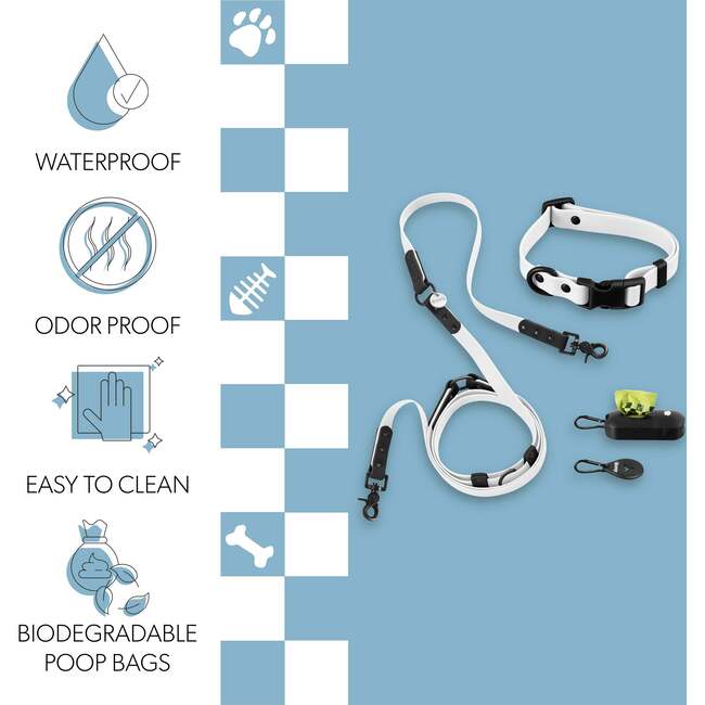 Luna 8FT Adjustable 6-in-1 Waterproof Hands Free Leash and Collar with LED Flashlight, Bag Dispenser, and Poop Bag Holder, White/Black - Collars, Leashes & Harnesses - 5