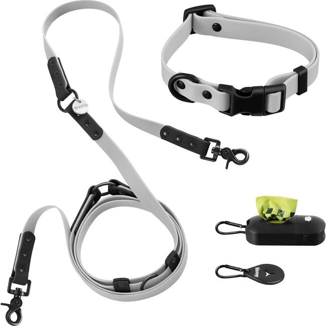 Luna 8FT Adjustable 6-in-1 Waterproof Hands Free Leash and Collar with LED Flashlight, Bag Dispenser, and Poop Bag Holder, Grey/Black