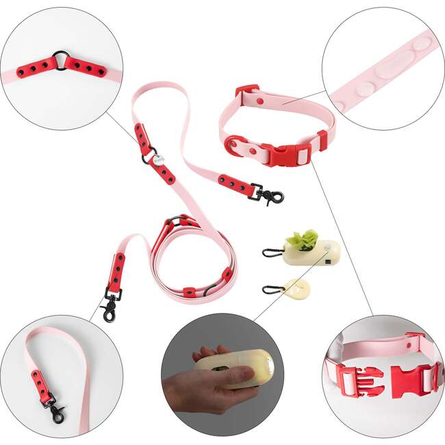 Luna 8FT Adjustable 6-in-1 Waterproof Hands Free Leash and Collar with LED Flashlight, Bag Dispenser, and Poop Bag Holder, Pink/Red - Collars, Leashes & Harnesses - 4