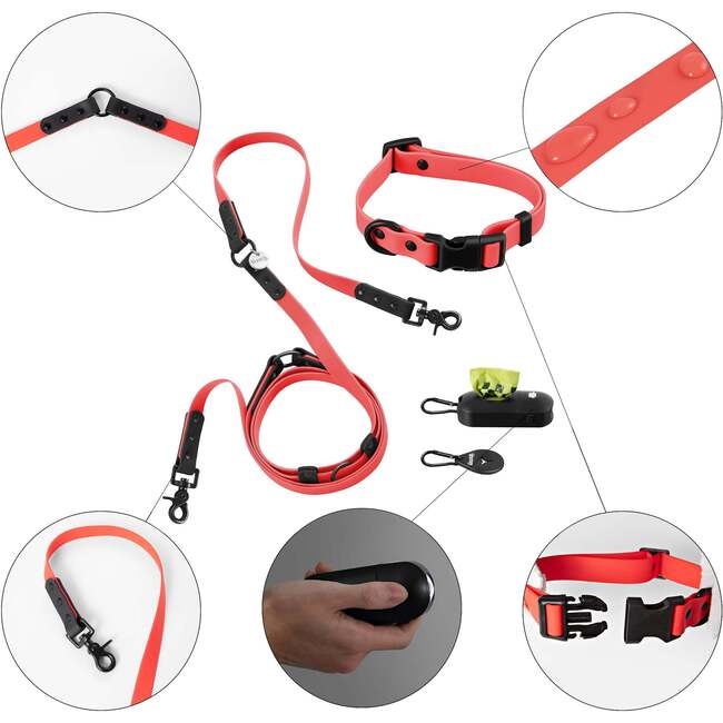 Luna 8FT Adjustable 6-in-1 Waterproof Hands Free Leash and Collar with LED Flashlight, Bag Dispenser, and Poop Bag Holder, Red/Black - Collars, Leashes & Harnesses - 4