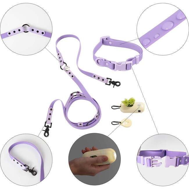 Luna 8FT Adjustable 6-in-1 Waterproof Hands Free Leash and Collar with LED Flashlight, Bag Dispenser, and Poop Bag Holder, Purple/Light Purple - Collars, Leashes & Harnesses - 4
