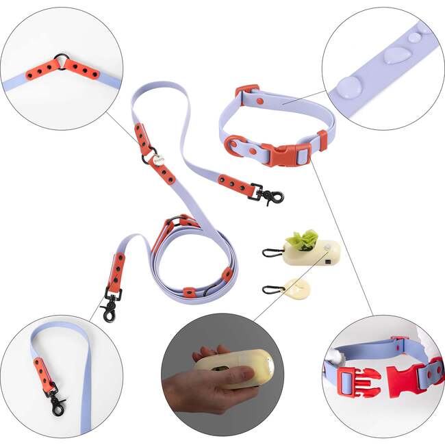 Luna 8FT Adjustable 6-in-1 Waterproof Hands Free Leash and Collar with LED Flashlight, Bag Dispenser, and Poop Bag Holder, Periwinkle/Red - Collars, Leashes & Harnesses - 4