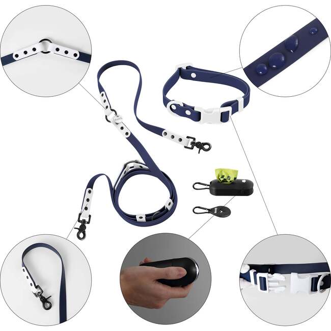 Luna 8FT Adjustable 6-in-1 Waterproof Hands Free Leash and Collar with LED Flashlight, Bag Dispenser, and Poop Bag Holder, Navy/White - Collars, Leashes & Harnesses - 4