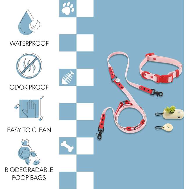 Luna 8FT Adjustable 6-in-1 Waterproof Hands Free Leash and Collar with LED Flashlight, Bag Dispenser, and Poop Bag Holder, Pink/Red - Collars, Leashes & Harnesses - 5