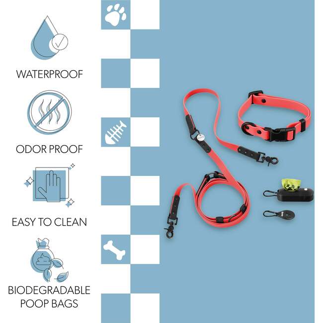 Luna 8FT Adjustable 6-in-1 Waterproof Hands Free Leash and Collar with LED Flashlight, Bag Dispenser, and Poop Bag Holder, Red/Black - Collars, Leashes & Harnesses - 5