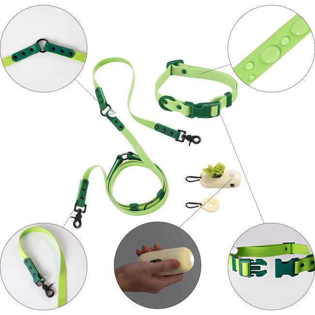 Luna 8FT Adjustable 6-in-1 Waterproof Hands Free Leash and Collar with LED Flashlight, Bag Dispenser, and Poop Bag Holder, Light Green/Dark Green - Collars, Leashes & Harnesses - 4