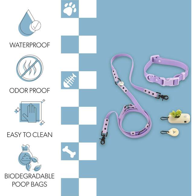 Luna 8FT Adjustable 6-in-1 Waterproof Hands Free Leash and Collar with LED Flashlight, Bag Dispenser, and Poop Bag Holder, Purple/Light Purple - Collars, Leashes & Harnesses - 5