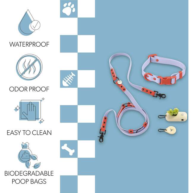 Luna 8FT Adjustable 6-in-1 Waterproof Hands Free Leash and Collar with LED Flashlight, Bag Dispenser, and Poop Bag Holder, Periwinkle/Red - Collars, Leashes & Harnesses - 5
