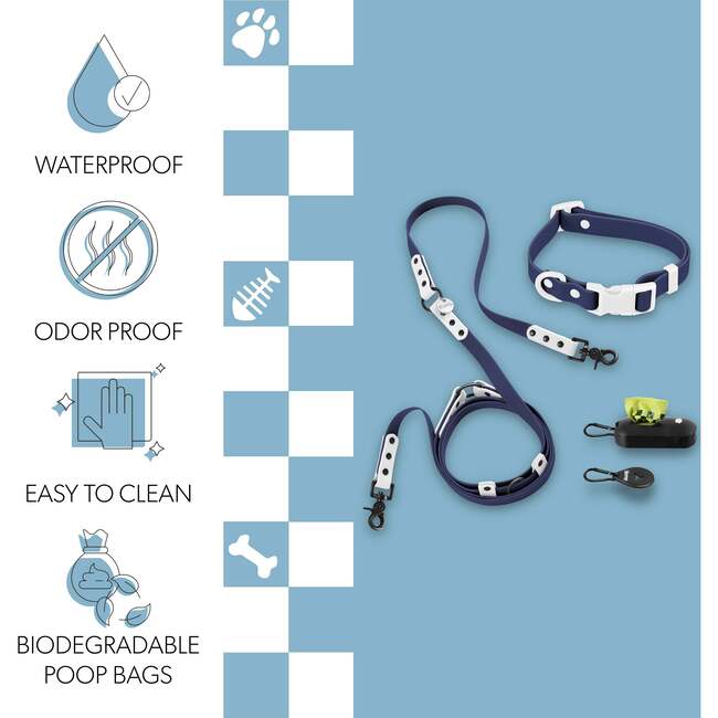 Luna 8FT Adjustable 6-in-1 Waterproof Hands Free Leash and Collar with LED Flashlight, Bag Dispenser, and Poop Bag Holder, Navy/White - Collars, Leashes & Harnesses - 5