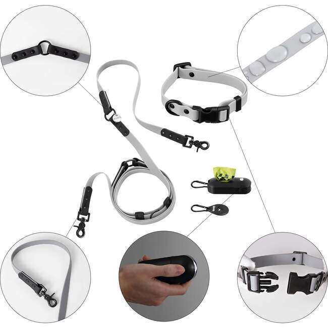 Luna 8FT Adjustable 6-in-1 Waterproof Hands Free Leash and Collar with LED Flashlight, Bag Dispenser, and Poop Bag Holder, Grey/Black - Collars, Leashes & Harnesses - 4
