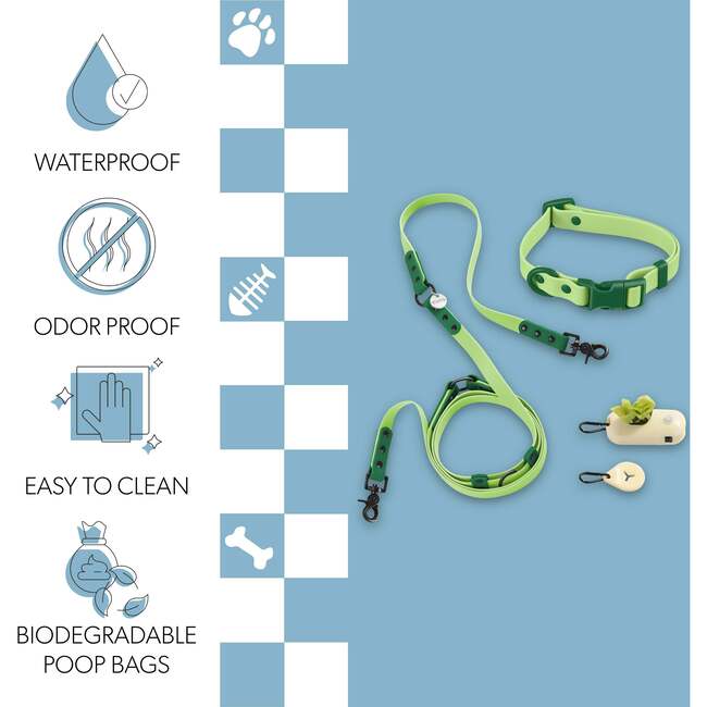 Luna 8FT Adjustable 6-in-1 Waterproof Hands Free Leash and Collar with LED Flashlight, Bag Dispenser, and Poop Bag Holder, Light Green/Dark Green - Collars, Leashes & Harnesses - 5