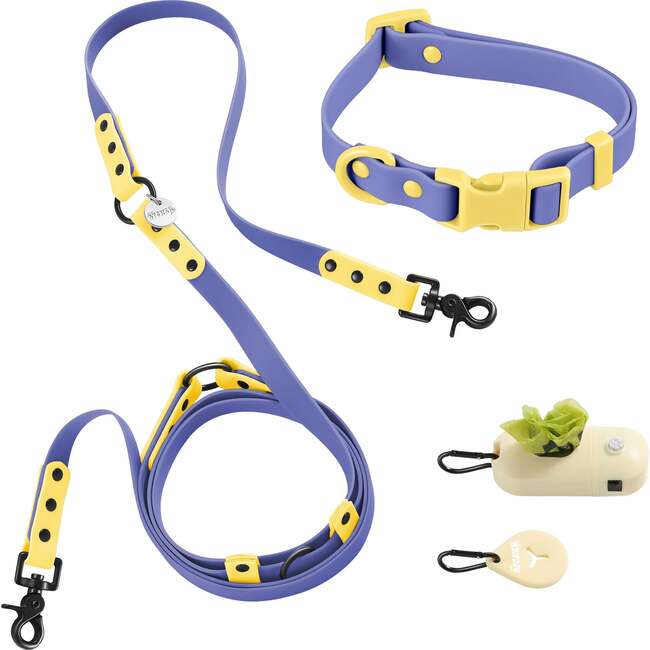 Luna 8FT Adjustable 6-in-1 Waterproof Hands Free Leash and Collar with LED Flashlight, Bag Dispenser, and Poop Bag Holder, Dark Blue/Yellow