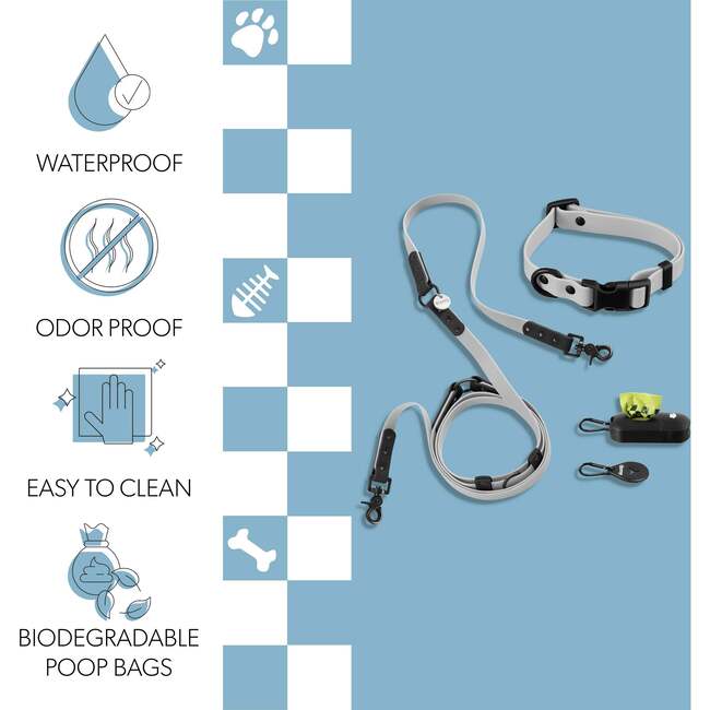 Luna 8FT Adjustable 6-in-1 Waterproof Hands Free Leash and Collar with LED Flashlight, Bag Dispenser, and Poop Bag Holder, Grey/Black - Collars, Leashes & Harnesses - 5