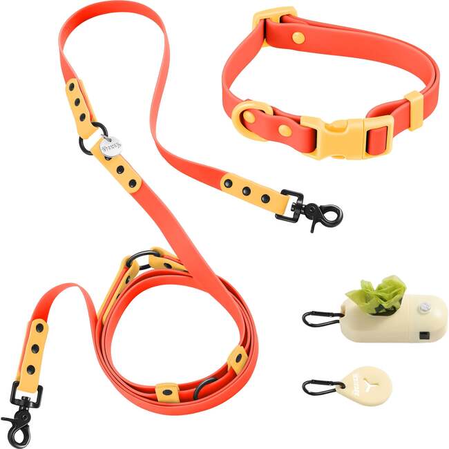 Luna 8FT Adjustable 6-in-1 Waterproof Hands Free Leash and Collar with LED Flashlight, Bag Dispenser, and Poop Bag Holder, Dark Orange/Light Orange