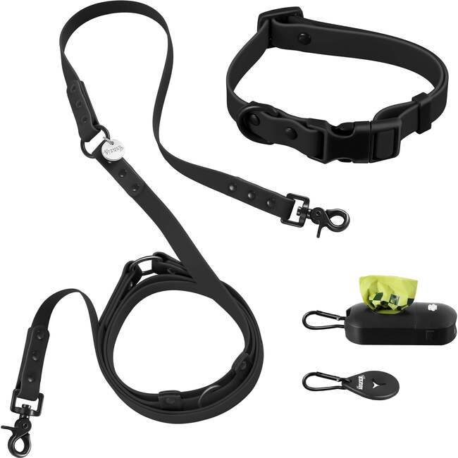 Luna 8FT Adjustable 6-in-1 Waterproof Hands Free Leash and Collar with LED Flashlight, Bag Dispenser, and Poop Bag Holder, Black