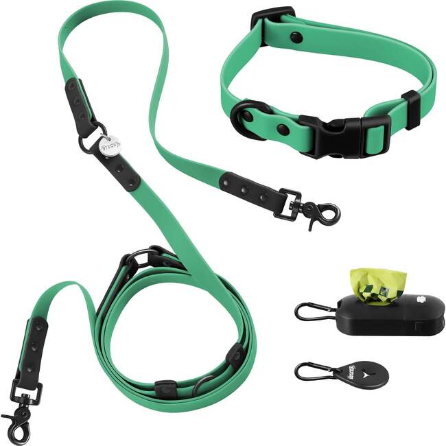 Luna 8FT Adjustable 6-in-1 Waterproof Hands Free Leash and Collar with LED Flashlight, Bag Dispenser, and Poop Bag Holder, Emerald/Black