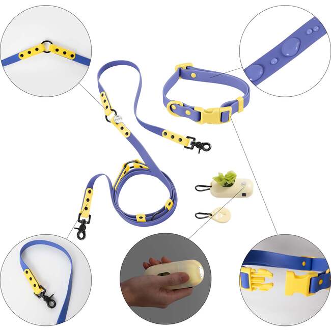 Luna 8FT Adjustable 6-in-1 Waterproof Hands Free Leash and Collar with LED Flashlight, Bag Dispenser, and Poop Bag Holder, Dark Blue/Yellow - Collars, Leashes & Harnesses - 4