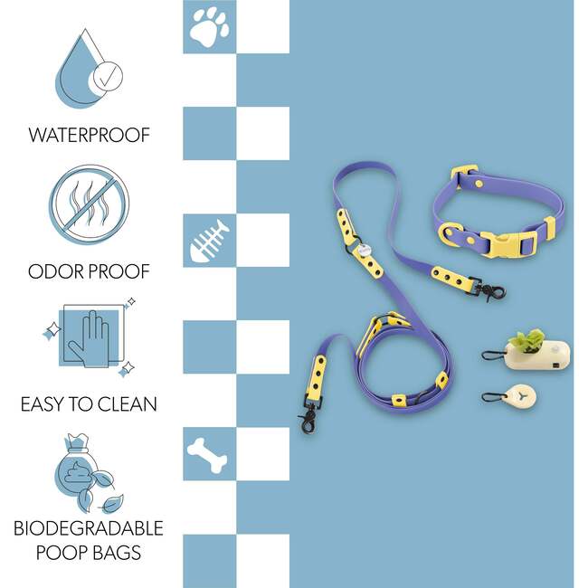 Luna 8FT Adjustable 6-in-1 Waterproof Hands Free Leash and Collar with LED Flashlight, Bag Dispenser, and Poop Bag Holder, Dark Blue/Yellow - Collars, Leashes & Harnesses - 5