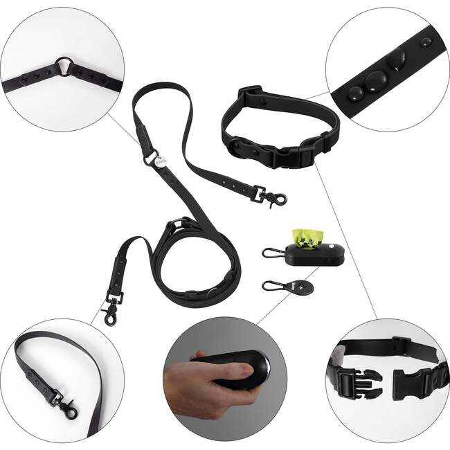 Luna 8FT Adjustable 6-in-1 Waterproof Hands Free Leash and Collar with LED Flashlight, Bag Dispenser, and Poop Bag Holder, Black - Collars, Leashes & Harnesses - 4