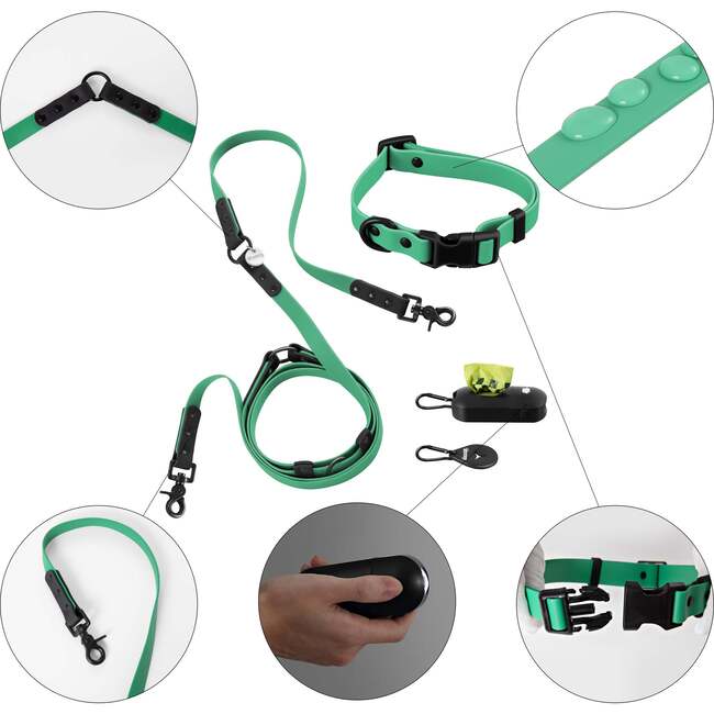 Luna 8FT Adjustable 6-in-1 Waterproof Hands Free Leash and Collar with LED Flashlight, Bag Dispenser, and Poop Bag Holder, Emerald/Black - Collars, Leashes & Harnesses - 4