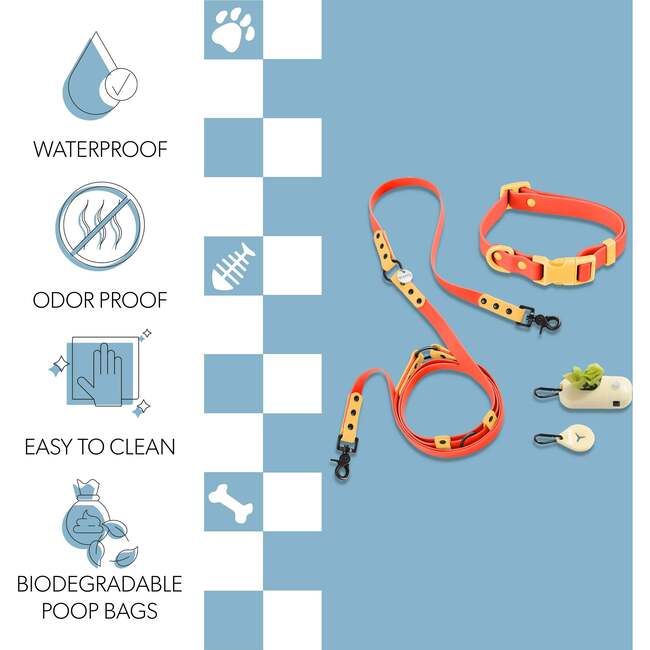 Luna 8FT Adjustable 6-in-1 Waterproof Hands Free Leash and Collar with LED Flashlight, Bag Dispenser, and Poop Bag Holder, Dark Orange/Light Orange - Collars, Leashes & Harnesses - 5