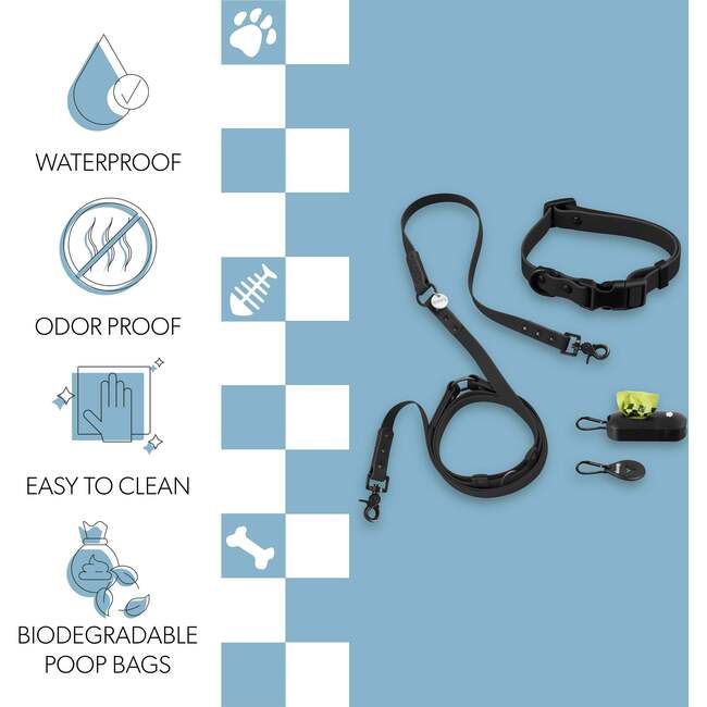 Luna 8FT Adjustable 6-in-1 Waterproof Hands Free Leash and Collar with LED Flashlight, Bag Dispenser, and Poop Bag Holder, Black - Collars, Leashes & Harnesses - 5