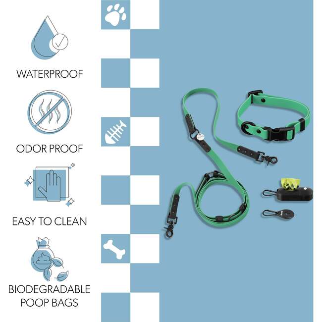 Luna 8FT Adjustable 6-in-1 Waterproof Hands Free Leash and Collar with LED Flashlight, Bag Dispenser, and Poop Bag Holder, Emerald/Black - Collars, Leashes & Harnesses - 5