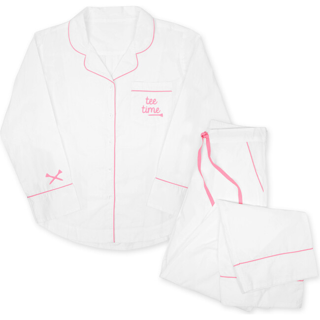 Tee Time Long Pajama Set, White & Pink
