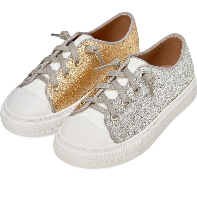 Marcy Tri-Color Leather Sneakers, Silver & White & Gold