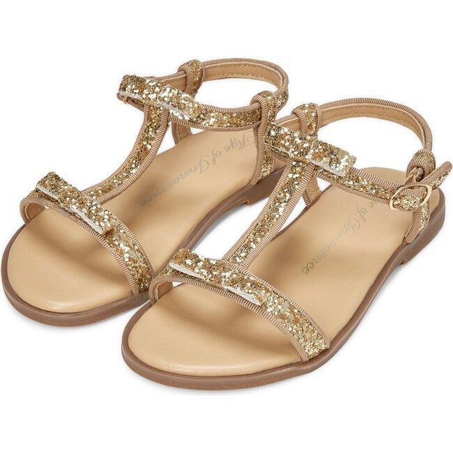 Nell Striped Leather Glitter Sandals, Gold - Sandals - 2