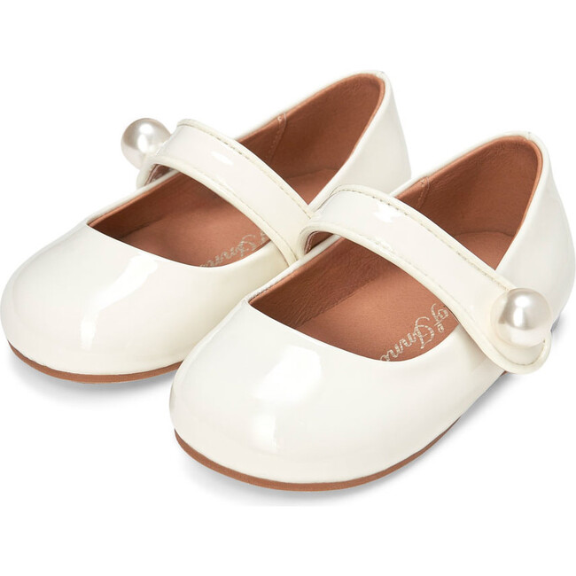 Celia Glossy Leather Big Pearl Mary Janes, White