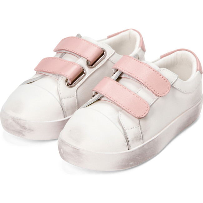 Maeve Old School Double Velcro Strap Leather Sneakers, White And Pink Total