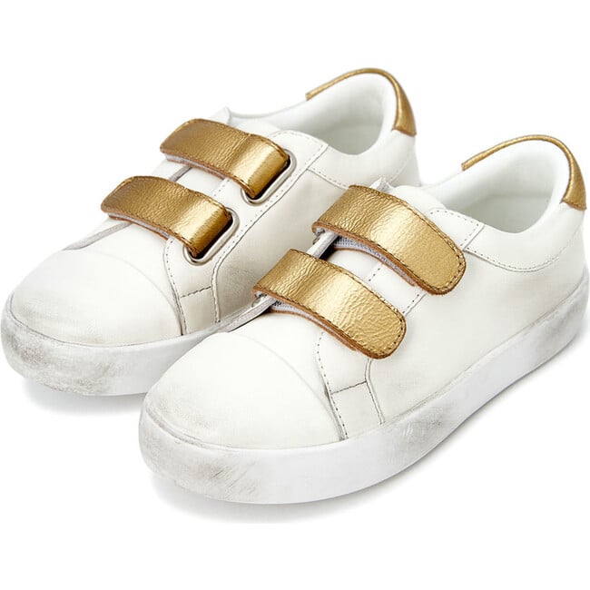 Maeve Old School Double Velcro Strap Leather Sneakers, White And Gold Total