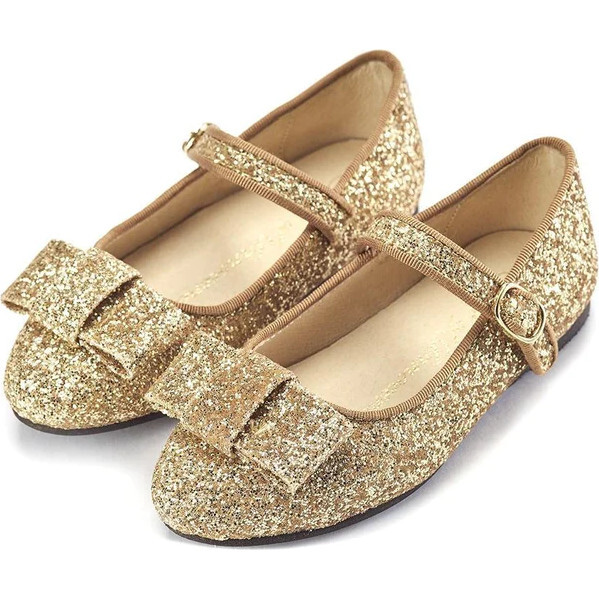 Ellen Minimalistic Bow Glitter Mary Janes, Gold