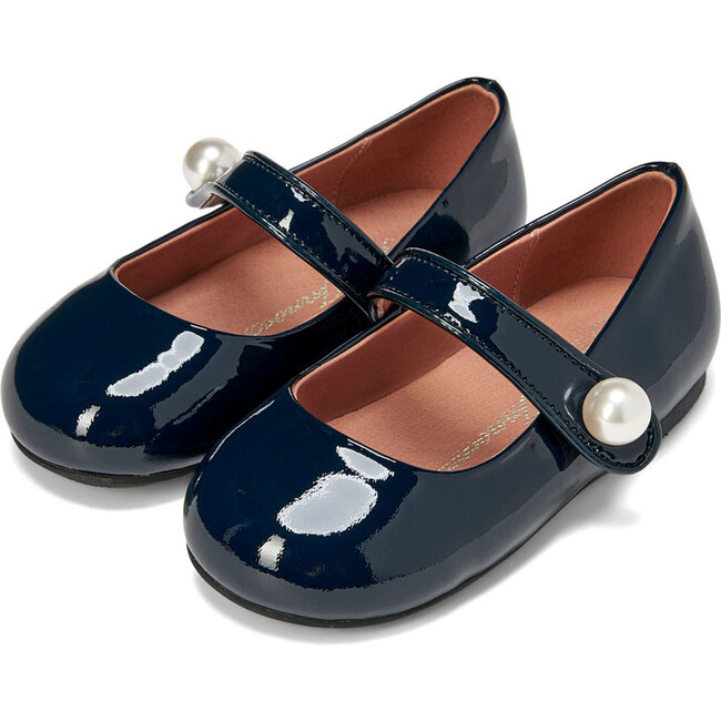 Celia Glossy Leather Big Pearl Button Mary Janes, Navy Total