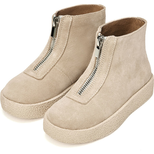 Leah 2.0 Suede Leather Rubber Sole Front-Zip Boots, Light Beige