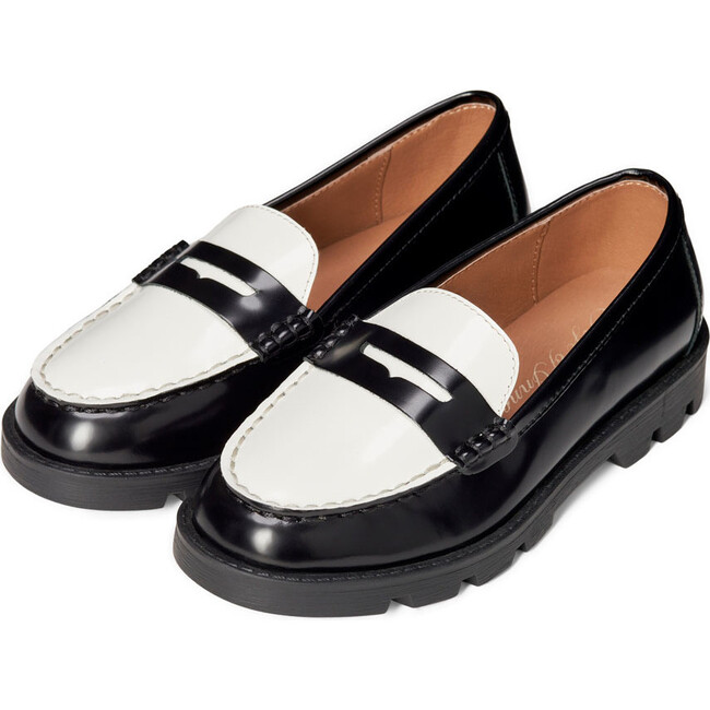 Paula Glossy Leather Penny Loafers, Black, White & Black