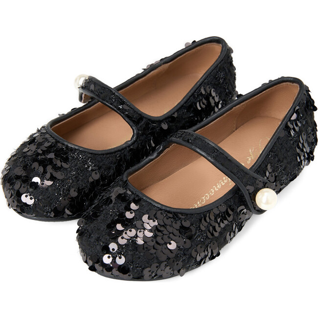 Elin 2.0 Sequins Pearl Button Mary Jane Shoes, Black