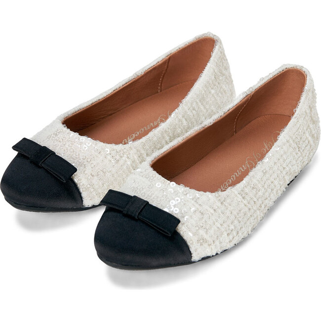 Angelina Sequins Bow Satin Round Toe Ballet Flat, White & Black